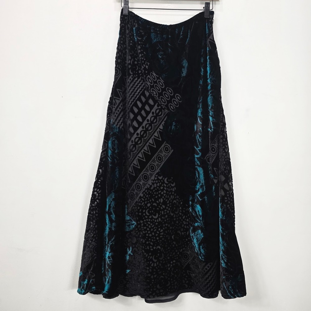 Vintage 90s Y2K Mirasol Velvet Burnout Maxi Skirt S Black Green Whimsigoth Fairy